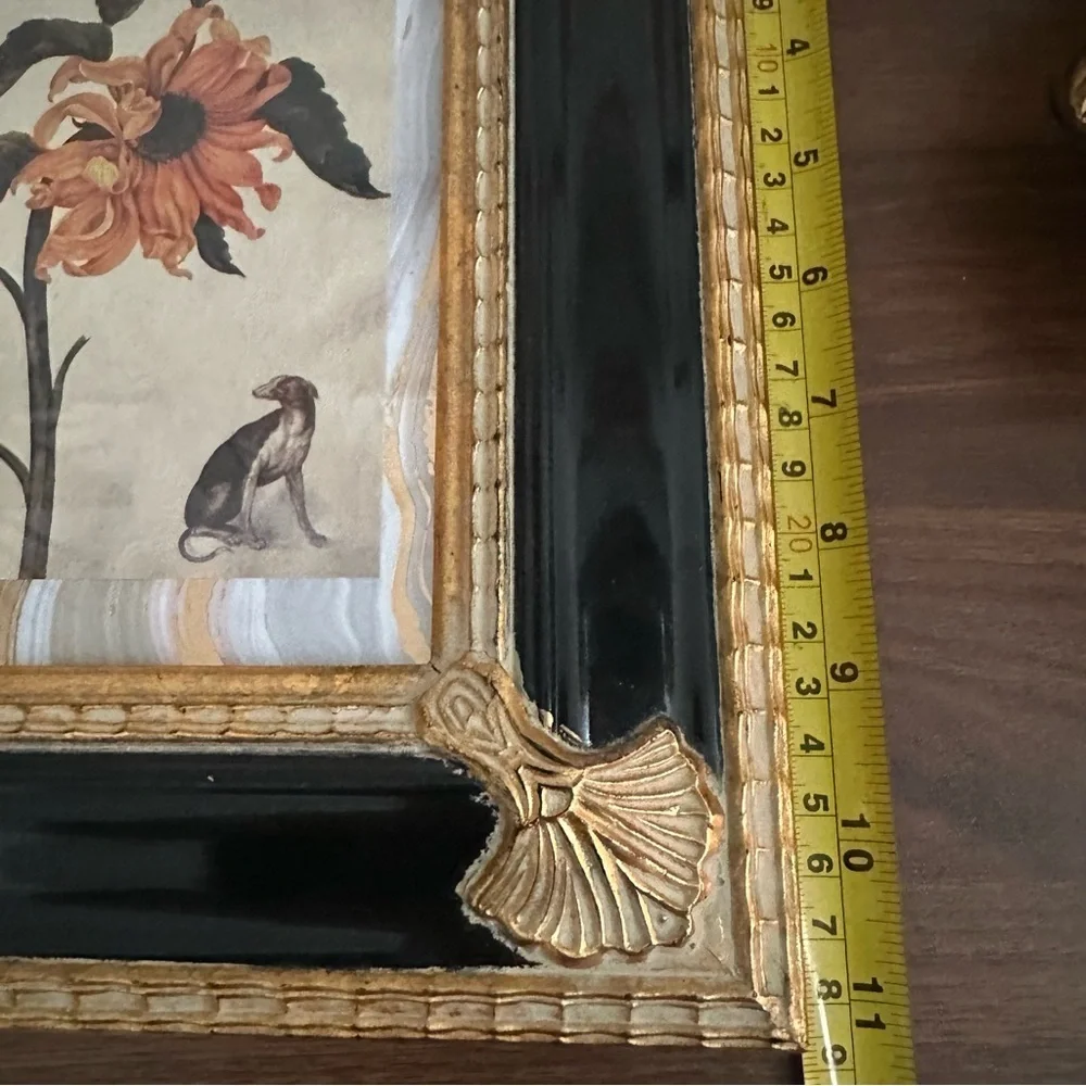 Surreal Sunflower & Dog Art Postcard Print Framed Art Nouveau Frame Black Gold